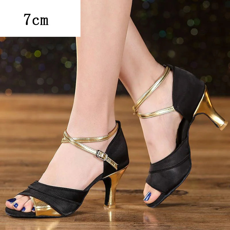 Latein-Tanzschuhe aus Satin mit Pailletten, Modell Katowice, Farbe Gold