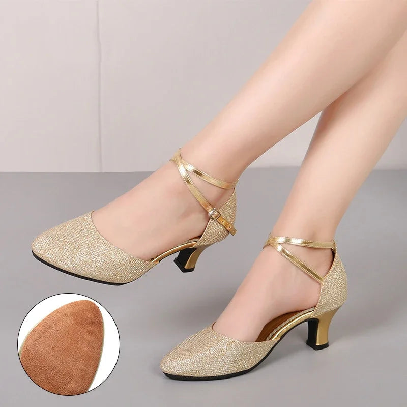 Salsa-Schuhe mit Pailletten, Absatz 3,5 oder 5,5 cm, Modell Karine, Farbe Gold