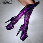Women's sequined pole dance thigh-high boots, Sauge model, violet color