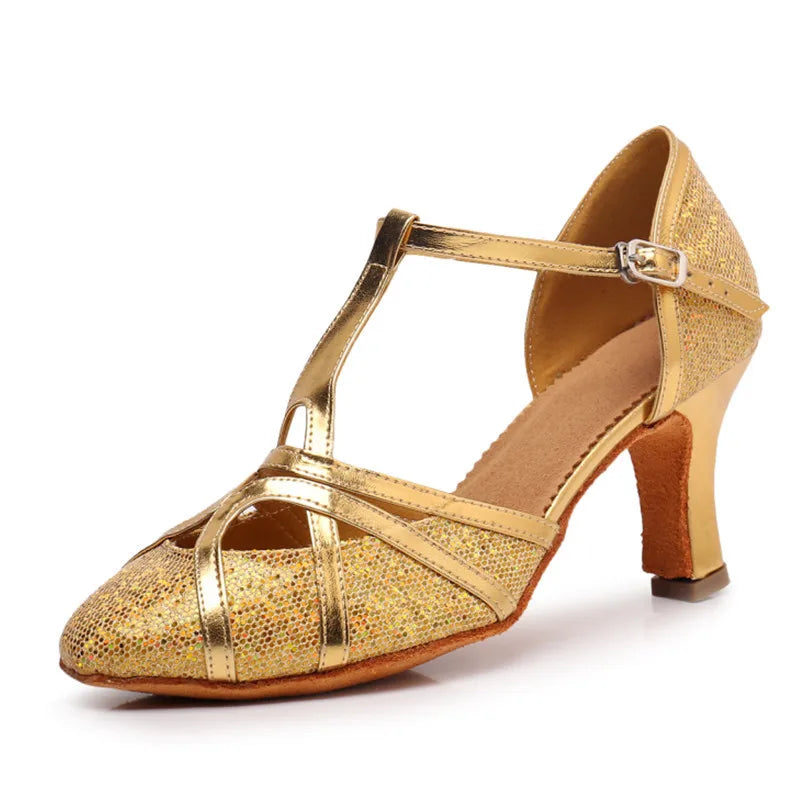 Women's sequined salsa shoes, Tatiana model, gold colorway