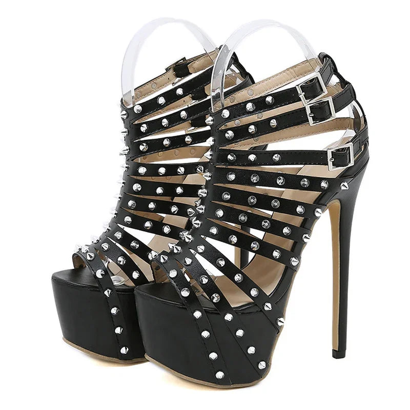 Black cabaret sandals with platform and studs, Valence model, view 5