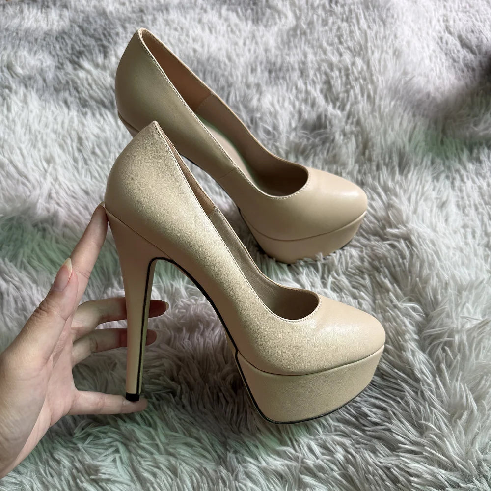 Escarpins de cabaret à plateforme 4 cm et talon 14 cm, modèle Sandrine, coloris beige