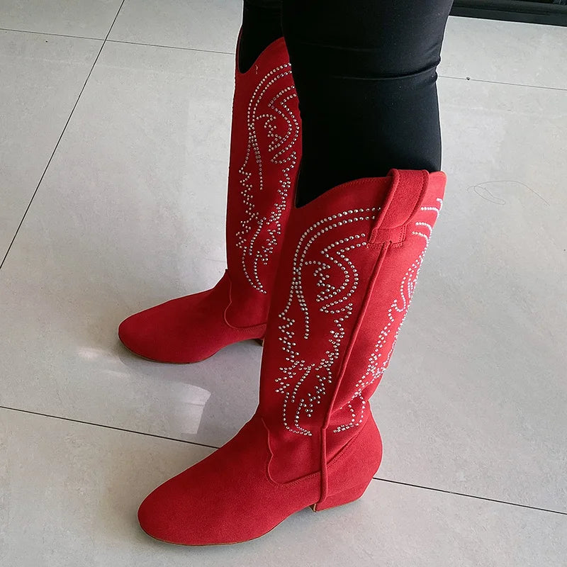 Bottes de danse country femme à strass Memphis rouge, semelle daim