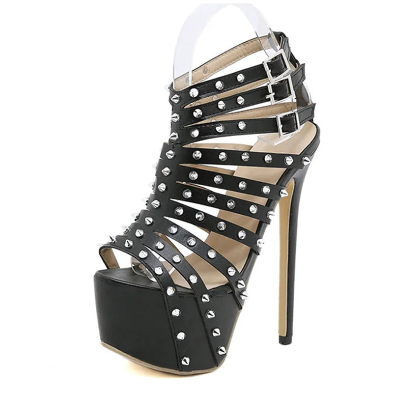 Black cabaret sandals with platform and studs, Valence model, view 3