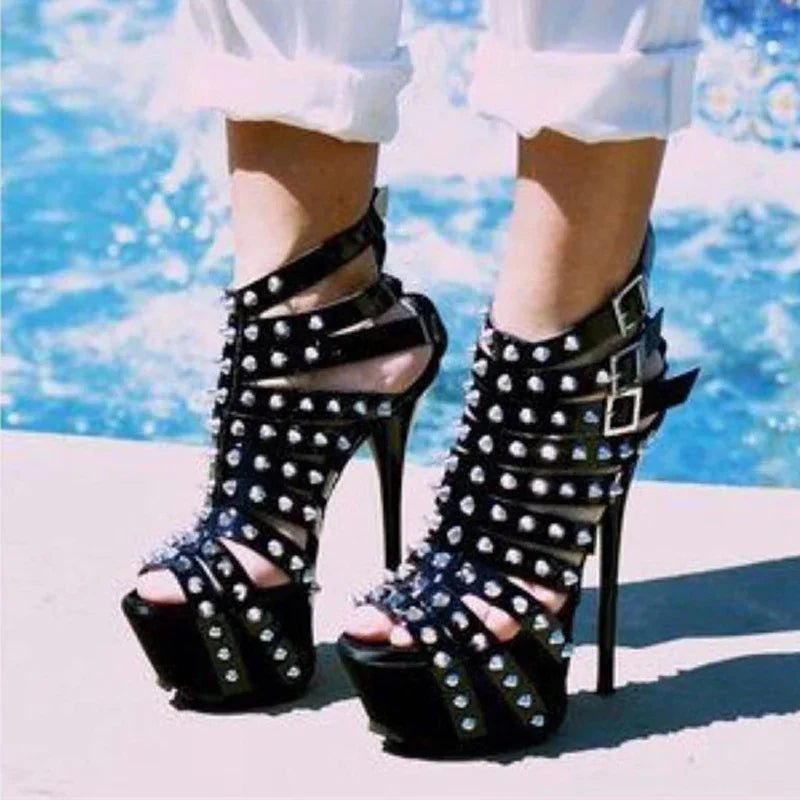 Black cabaret sandals with platform and studs, Valence model, view 2
