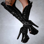 Women's sequined pole dance thigh-high boots, Sauge model, black color