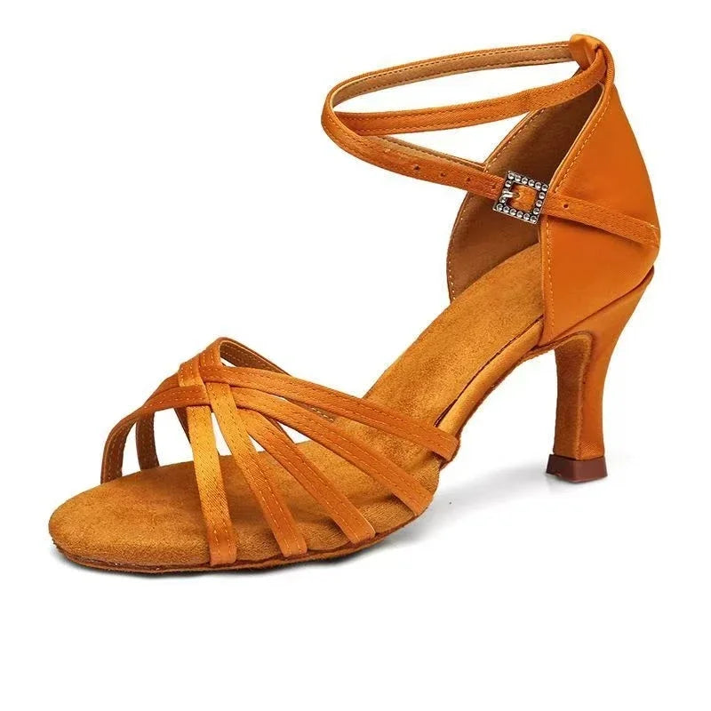 Dámské saténové boty na salsu, podpatek 5,5 nebo 7,5 cm, model Polunin, barva hnědá